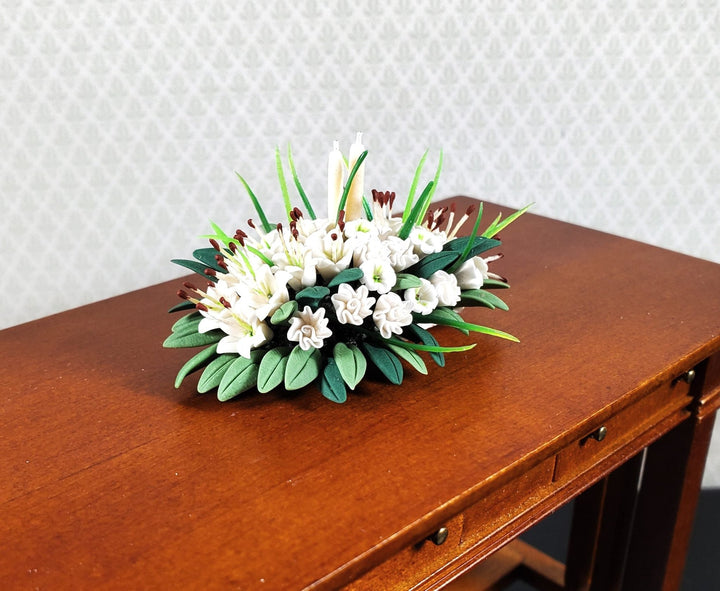 Dollhouse White Lily Centerpiece with White Candles 1:12 Scale Miniature - MiniatureCrush