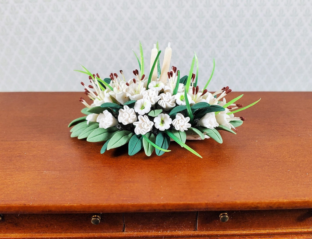 Dollhouse White Lily Centerpiece with White Candles 1:12 Scale Miniature - MiniatureCrush