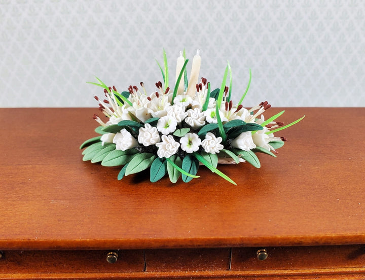 Dollhouse White Lily Centerpiece with White Candles 1:12 Scale Miniature - MiniatureCrush