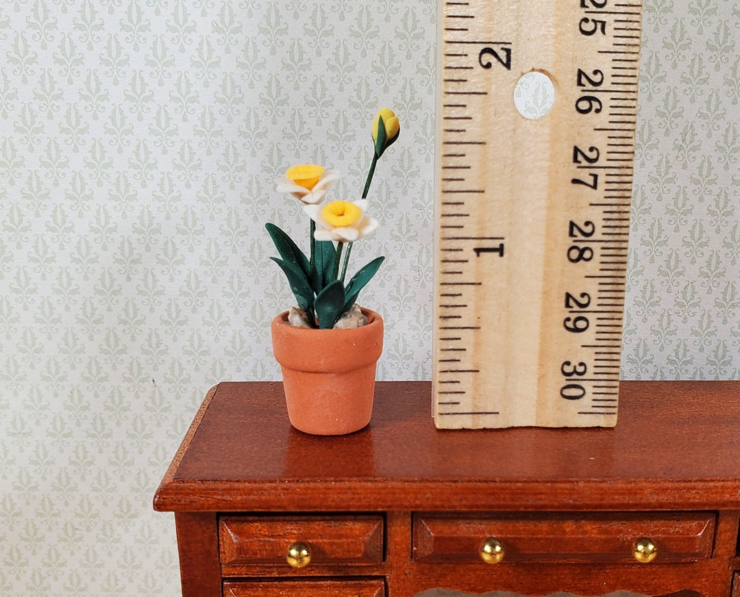 Dollhouse White & Peach Daffodils in a Terra Cotta Pot 1:12 Scale Miniature - MiniatureCrush