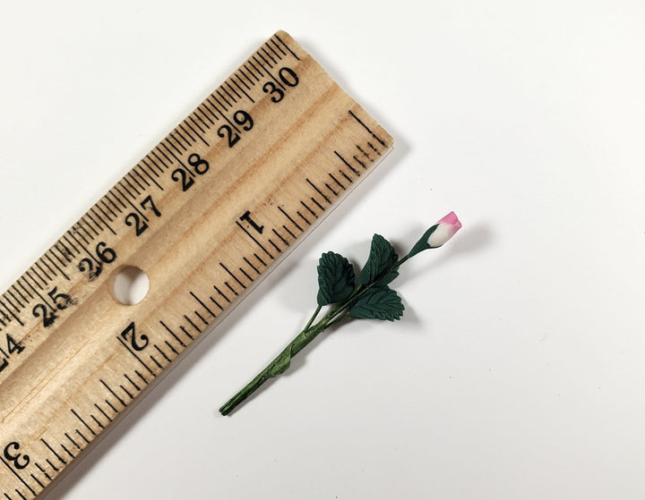 Dollhouse White & Pink Rose Bud Single Stem with Foliage 1:12 Scale Miniature - MiniatureCrush