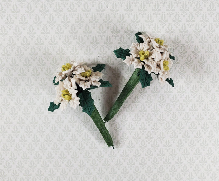 Dollhouse White Poinsettias with Leaves 2 Bunches 1:12 Scale Christmas Flowers - MiniatureCrush