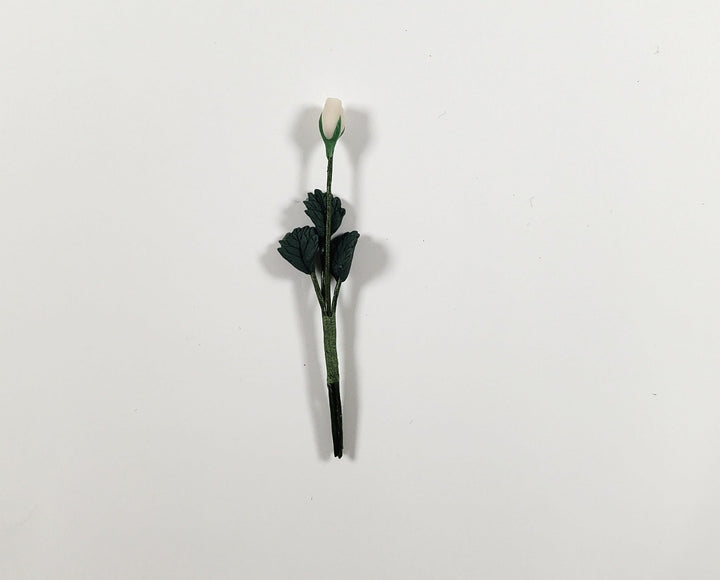 Dollhouse White Rose Bud Single Stem with Foliage 1:12 Scale Miniature - MiniatureCrush