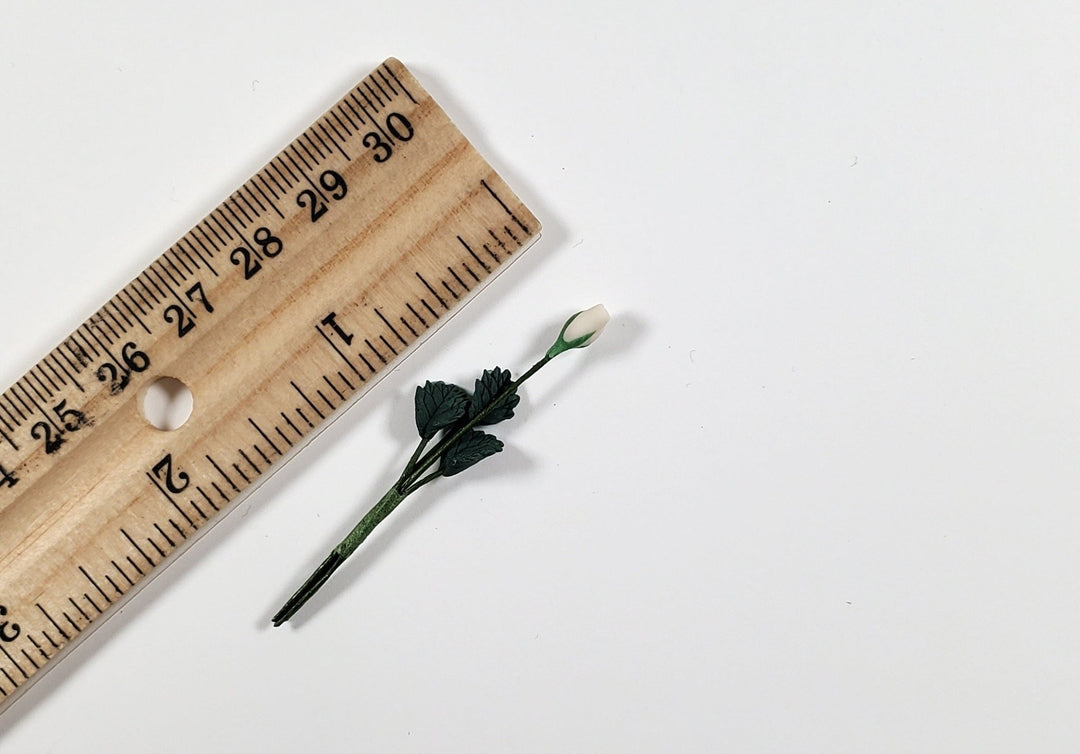 Dollhouse White Rose Bud Single Stem with Foliage 1:12 Scale Miniature - MiniatureCrush