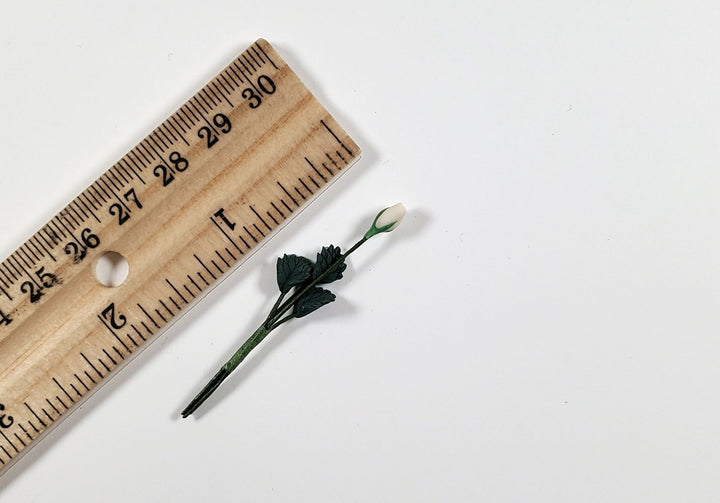 Dollhouse White Rose Bud Single Stem with Foliage 1:12 Scale Miniature - MiniatureCrush
