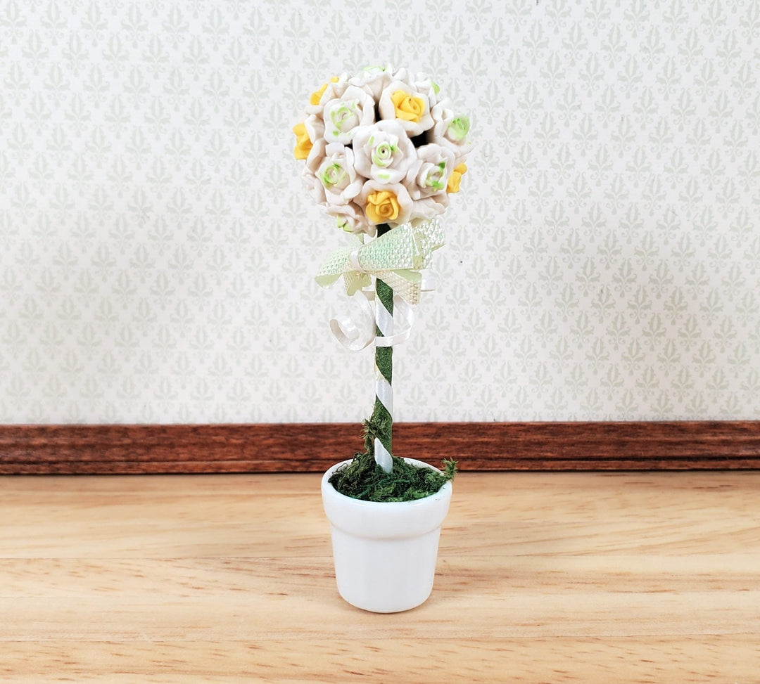 Dollhouse White Rose Wedding Topiary in a White Ceramic Pot 1:12 Scale Miniature - MiniatureCrush