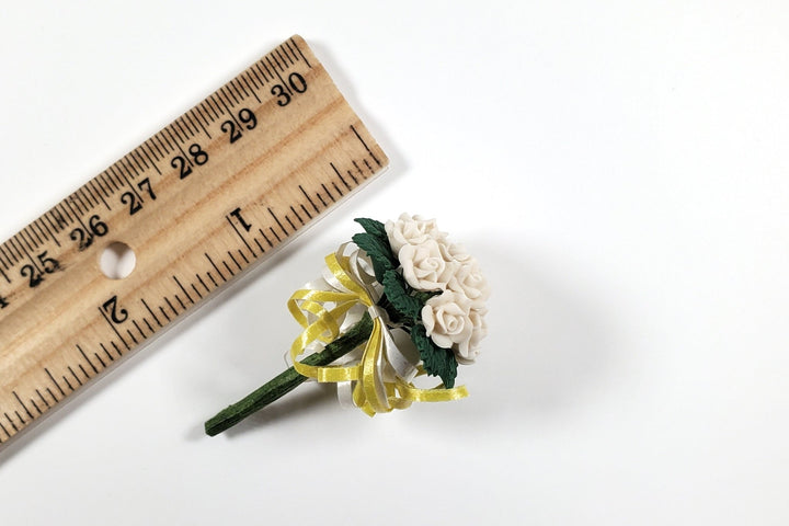 Dollhouse White Roses Bridal Bouquet with Ribbons 1:12 Scale Miniature - MiniatureCrush