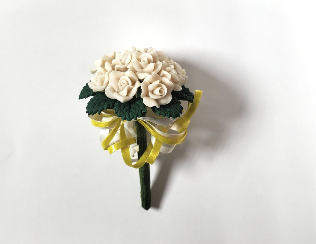 Dollhouse White Roses Bridal Bouquet with Ribbons 1:12 Scale Miniature - MiniatureCrush