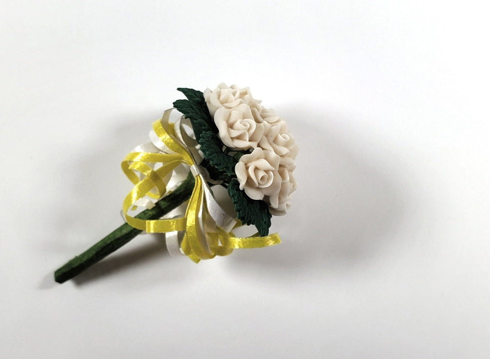Dollhouse White Roses Bridal Bouquet with Ribbons 1:12 Scale Miniature - MiniatureCrush