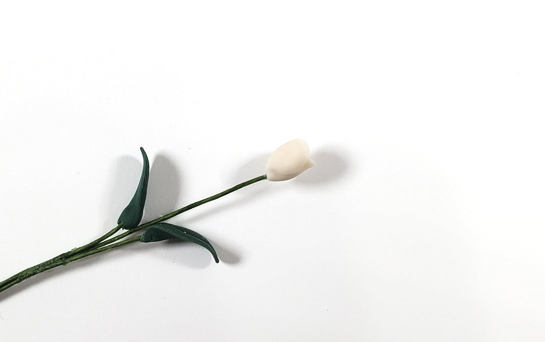 Dollhouse White Tulip Single Stem with Foliage Extra Long 1:12 Scale Miniature - MiniatureCrush
