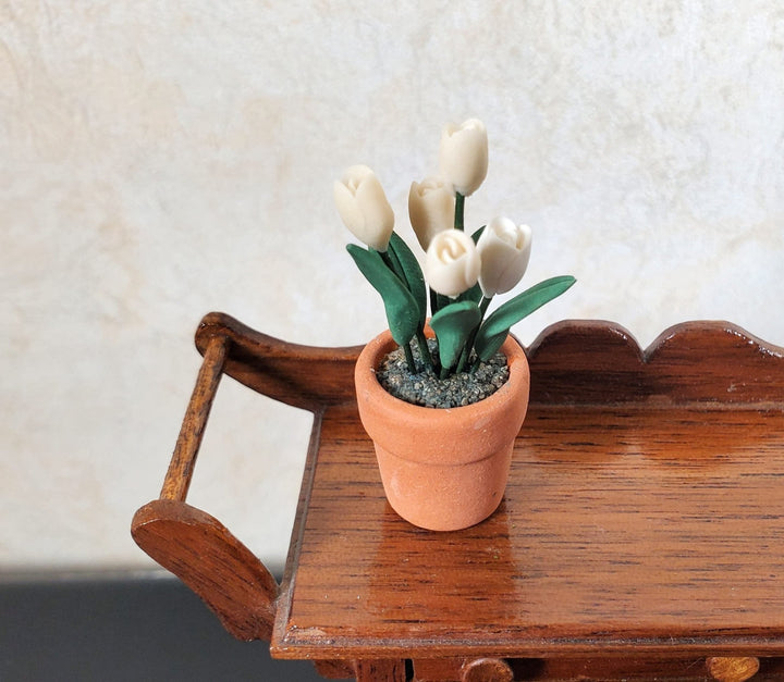 Dollhouse White Tulips in a Terra Cotta Planter Pot 1:12 Scale Miniature Plant - MiniatureCrush