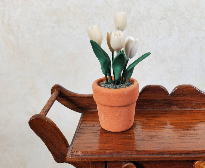 Dollhouse White Tulips in a Terra Cotta Planter Pot 1:12 Scale Miniature Plant - MiniatureCrush