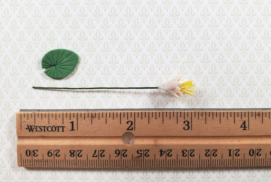 Dollhouse White Water Lily with Lily Pad Long Stem 1:12 Scale Miniature - MiniatureCrush