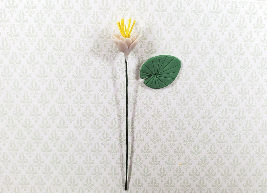 Dollhouse White Water Lily with Lily Pad Long Stem 1:12 Scale Miniature - MiniatureCrush
