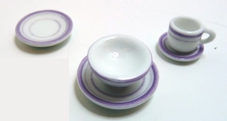 Dollhouse White with Purple Trim Ceramic Dinner Setting 1:12 Scale Miniatures - MiniatureCrush