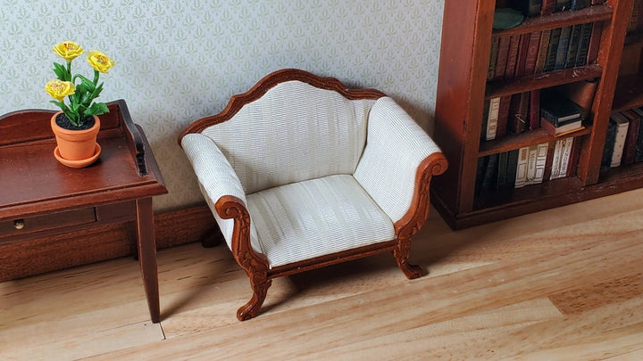 Dollhouse Wide Chair Victorian Cream Striped Fabric 1:12 Scale Furniture Hansson - MiniatureCrush