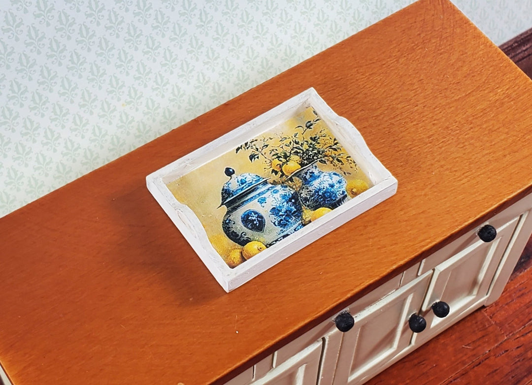Dollhouse Wood Tray Blue White Vases Lemons 1:12 Scale Accessory Handmade Silvia Leiner - Miniature Crush