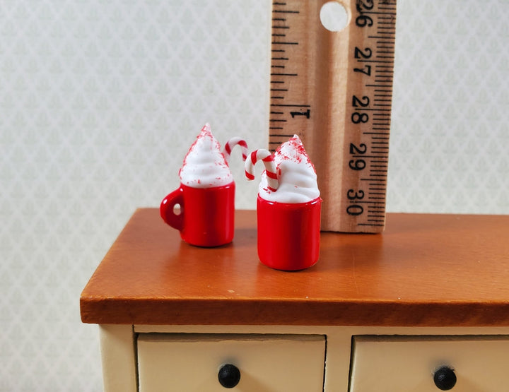 Dollhouse x2 Hot Cocoa Mugs with Candy Cane and Whip Cream LARGE Miniature - MiniatureCrush