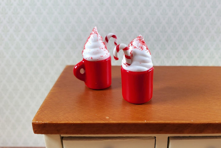 Dollhouse x2 Hot Cocoa Mugs with Candy Cane and Whip Cream LARGE Miniature - MiniatureCrush