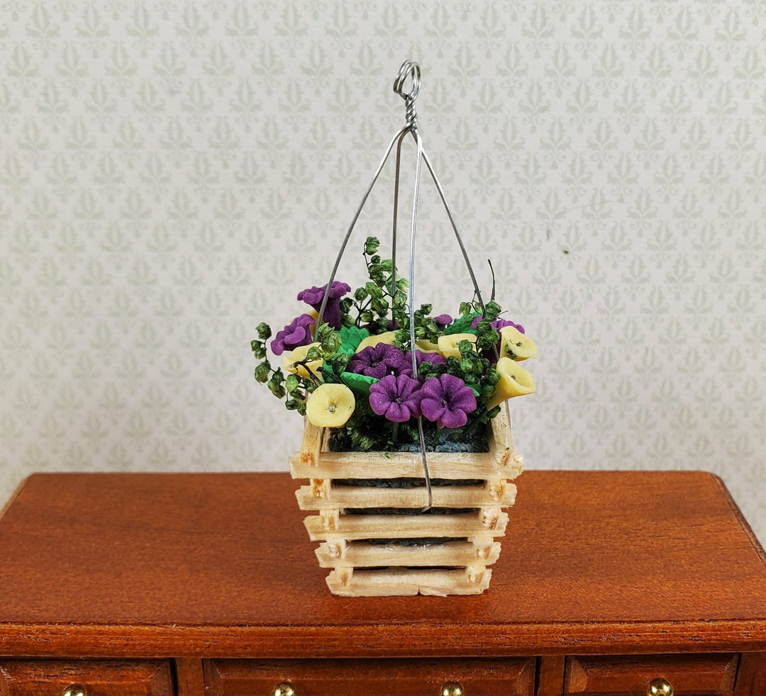 Dollhouse Yellow & Lavender Flowers in Wood Hanging Basket 1:12 Scale Miniature - MiniatureCrush