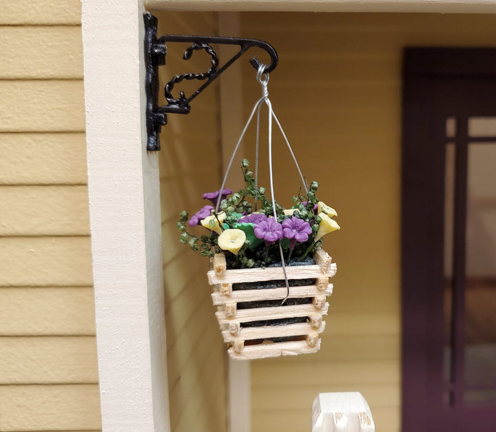 Dollhouse Yellow & Lavender Flowers in Wood Hanging Basket 1:12 Scale Miniature - MiniatureCrush