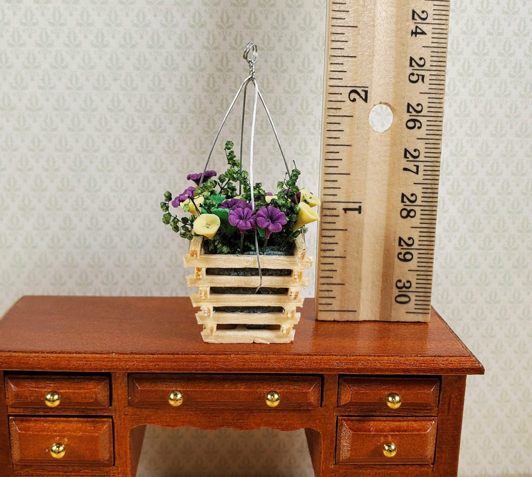 Dollhouse Yellow & Lavender Flowers in Wood Hanging Basket 1:12 Scale Miniature - MiniatureCrush