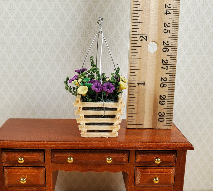 Dollhouse Yellow & Lavender Flowers in Wood Hanging Basket 1:12 Scale Miniature - MiniatureCrush