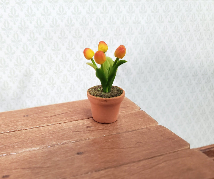 Dollhouse Yellow Orange Tulips in a Terra Cotta Planter Pot 1:12 Scale Miniature - MiniatureCrush