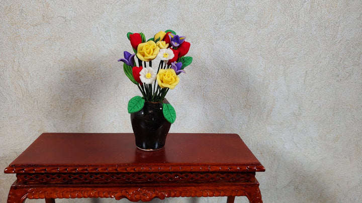 Dollhouse Yellow Roses & Asst Flowers in Black Ceramic Vase 1:12 Scale Miniature - MiniatureCrush
