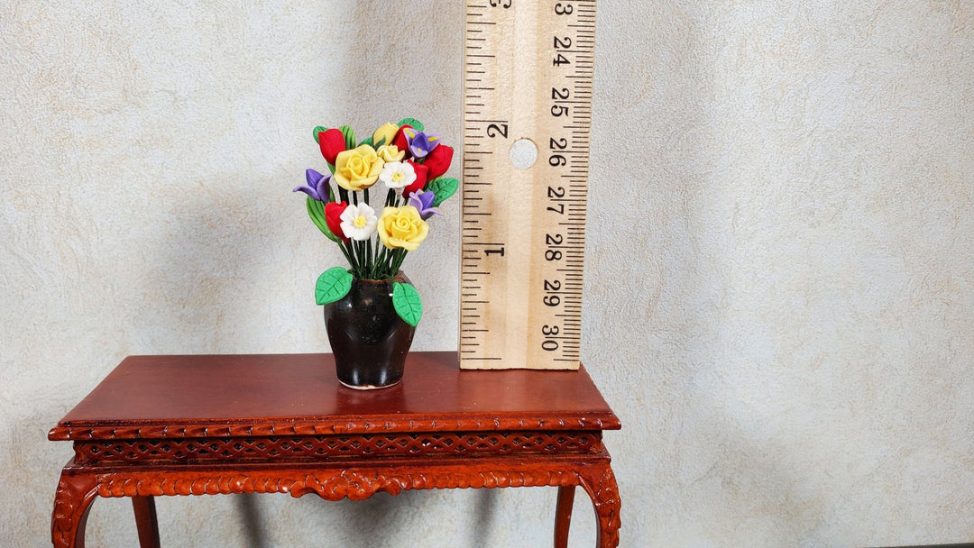 Dollhouse Yellow Roses & Asst Flowers in Black Ceramic Vase 1:12 Scale Miniature - MiniatureCrush
