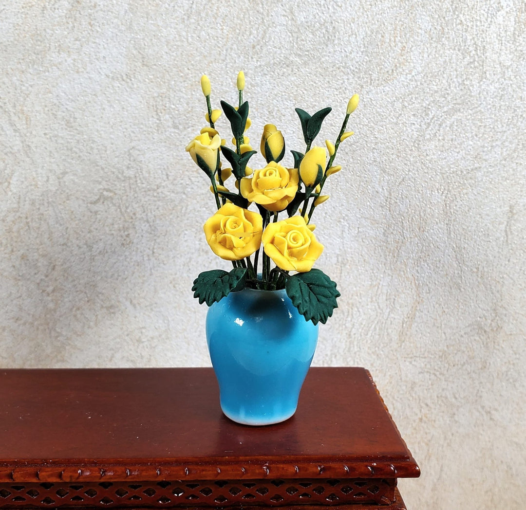 Dollhouse Yellow Roses in a Large Blue Ceramic Vase 1:12 Scale Miniature - MiniatureCrush