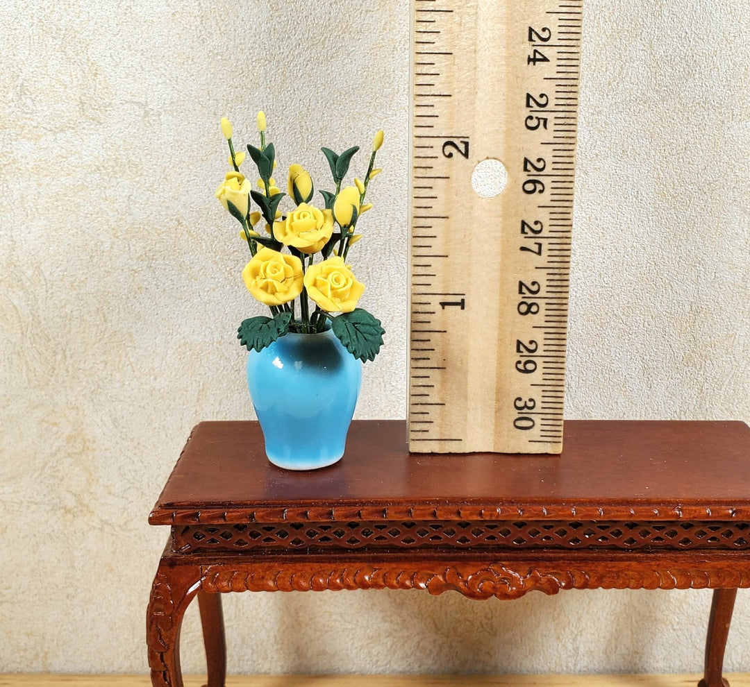 Dollhouse Yellow Roses in a Large Blue Ceramic Vase 1:12 Scale Miniature - MiniatureCrush