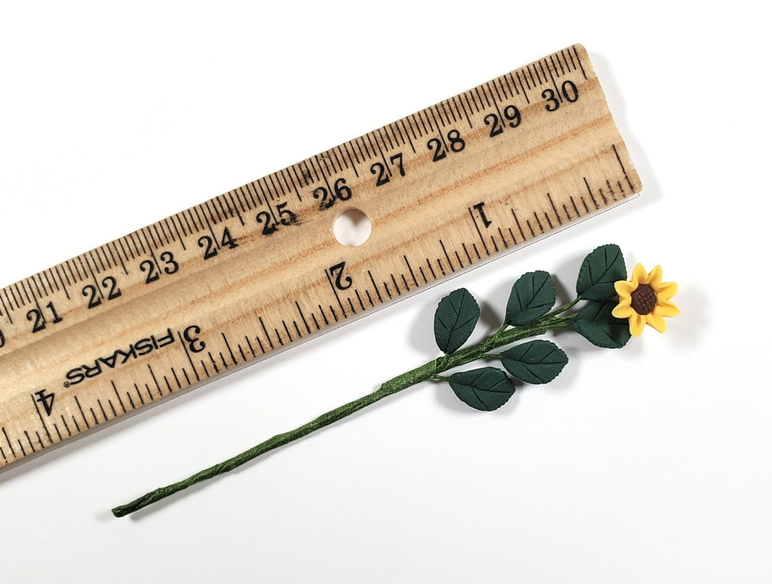 Dollhouse Yellow Sunflower Single Tall Stem with Foliage 1:12 Scale Miniature - MiniatureCrush