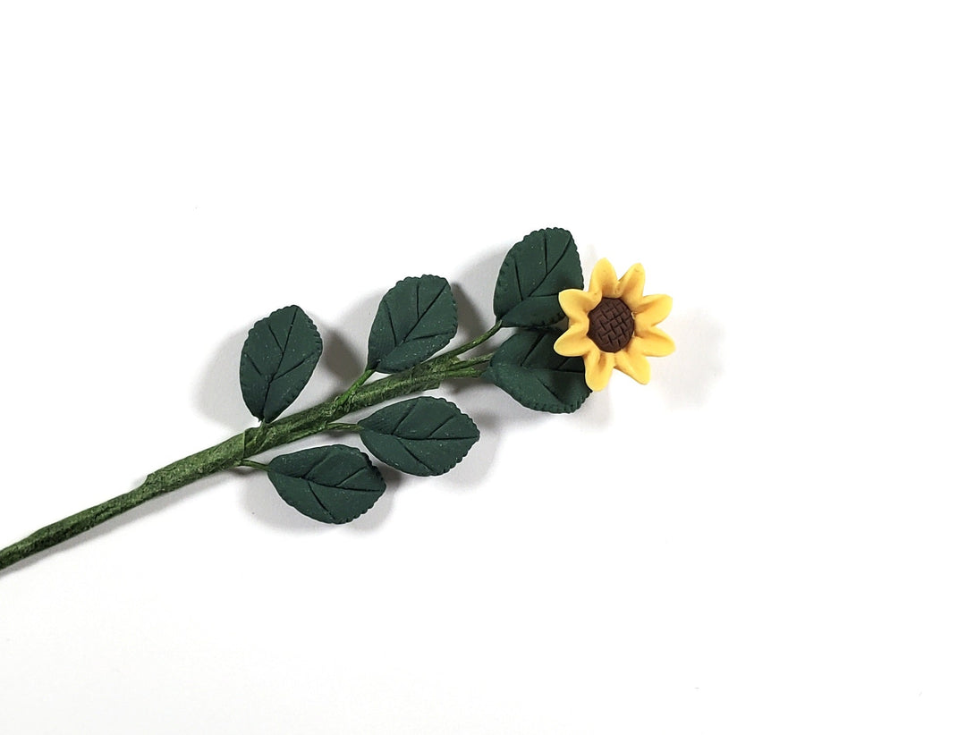 Dollhouse Yellow Sunflower Single Tall Stem with Foliage 1:12 Scale Miniature - MiniatureCrush