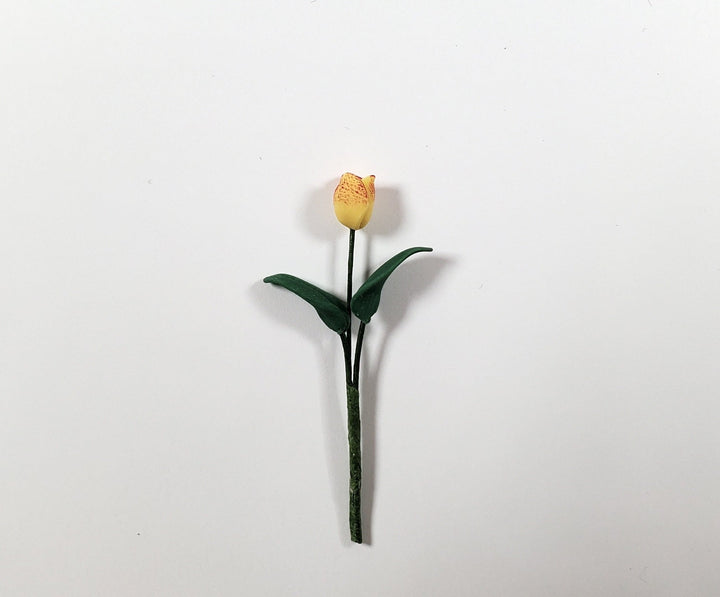 Dollhouse Yellow with Red Tulip Single Stem with Foliage 1:12 Scale Miniature - MiniatureCrush