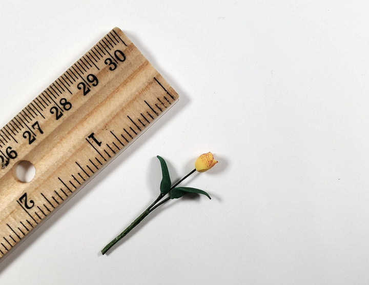 Dollhouse Yellow with Red Tulip Single Stem with Foliage 1:12 Scale Miniature - MiniatureCrush