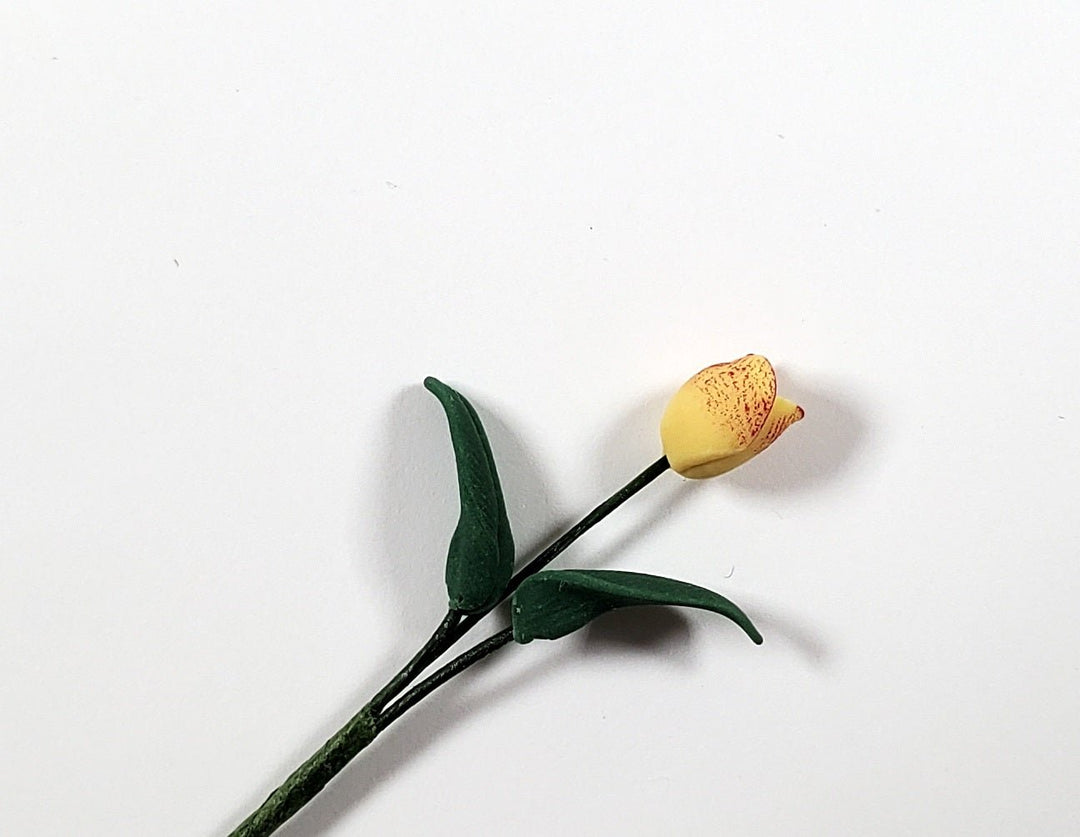Dollhouse Yellow with Red Tulip Single Stem with Foliage 1:12 Scale Miniature - MiniatureCrush