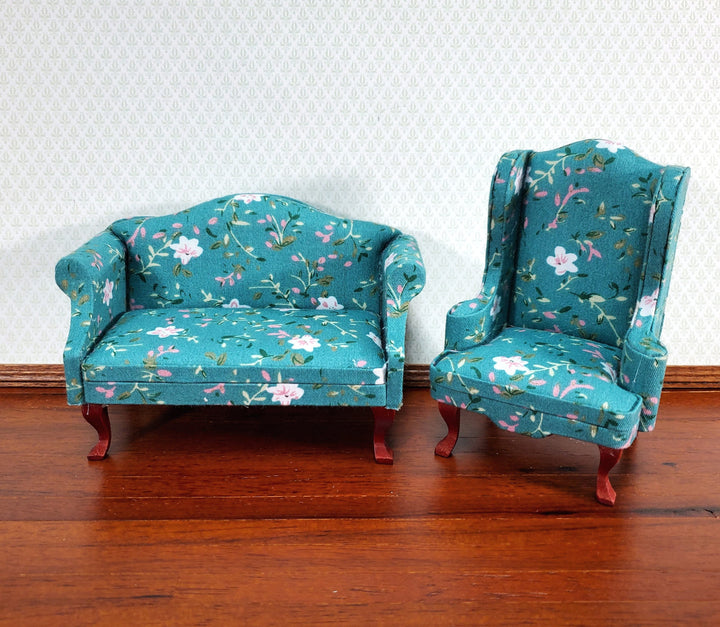 Dollhouse Sofa Couch Turquoise Floral Fabric 1:12 Scale Miniature Furniture