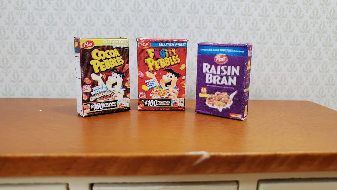 Dollhouse Cereal Boxes x3 Cocoa & Fruity Pebbles Raisin Bran 1:12 Scale Kitchen