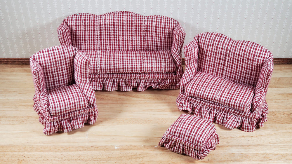 Dollhouse Living Room Set 4 pc Burgundy Plaid 1:12 Scale Miniature Furniture
