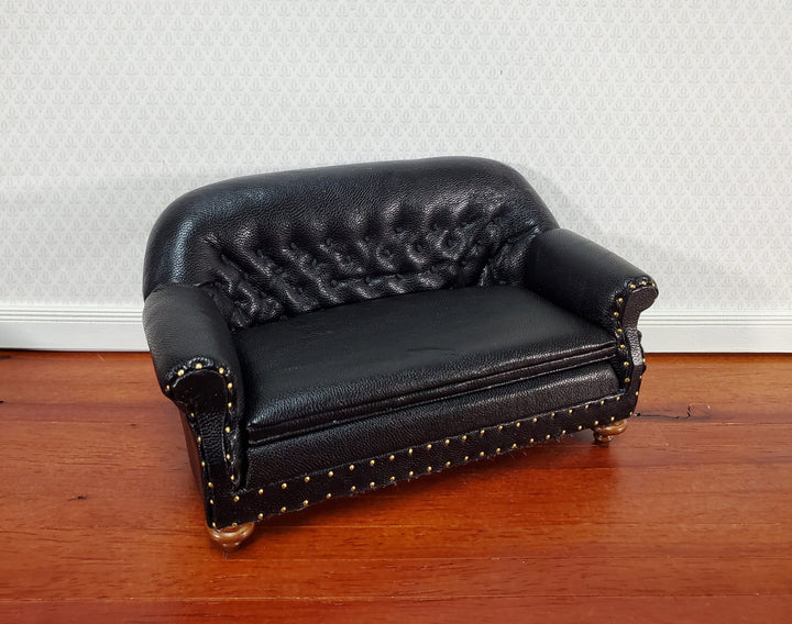 Dollhouse Sofa Black Tufted Faux Leather 1:12 Scale Miniature Furniture by JBM