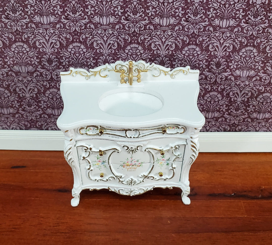 JBM Miniature Bathroom Sink White & Gold Baroque Style 1:12 Scale Dollhouse