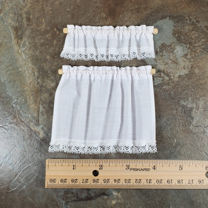 Dollhouse White Fabric Cafe Curtains & Valance Curtain Rod 1:12 Scale Miniature