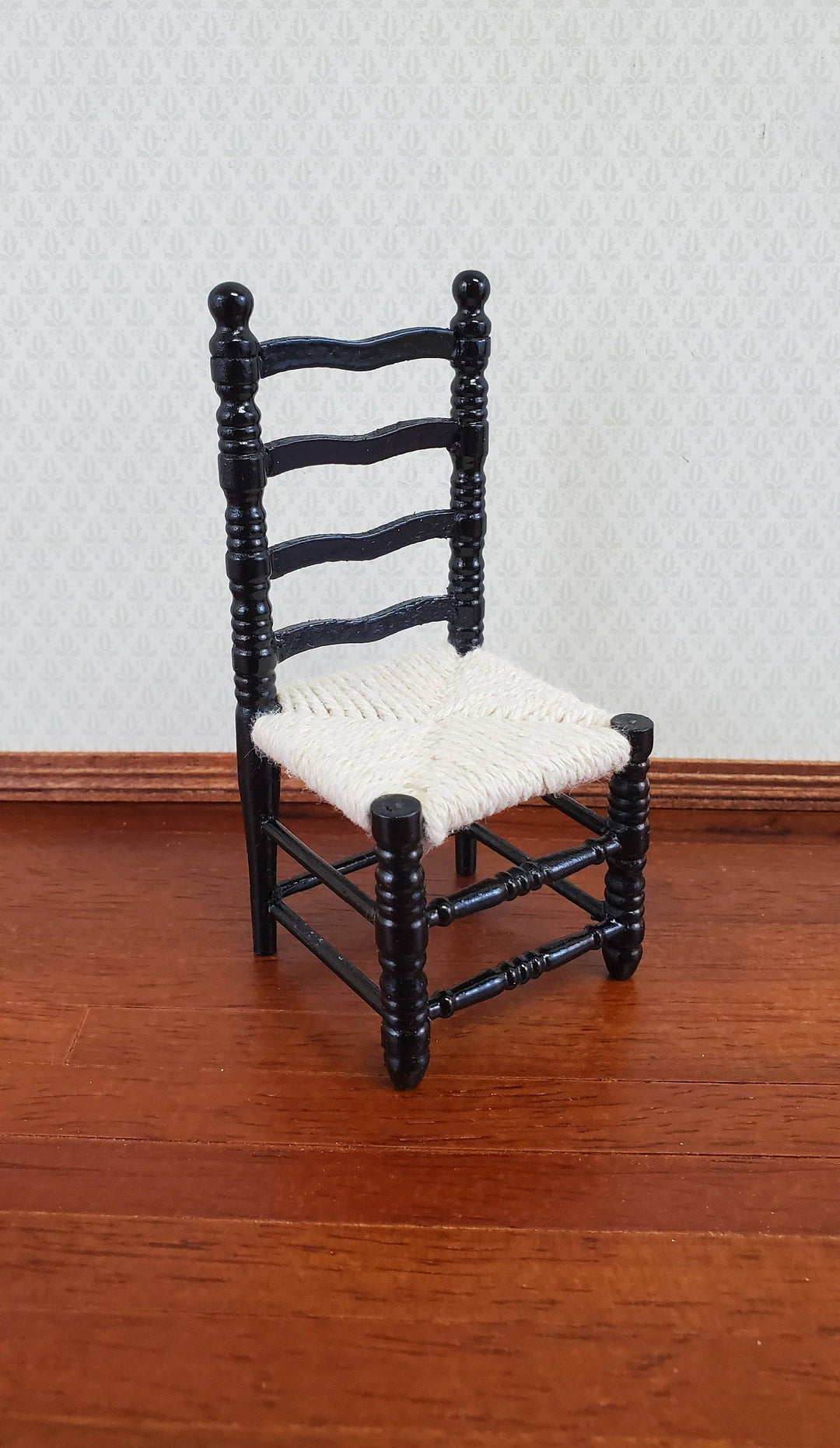 Dollhouse Ladderback Chair Turned Legs Rush Seat Black 1:12 Scale Miniature Furniture