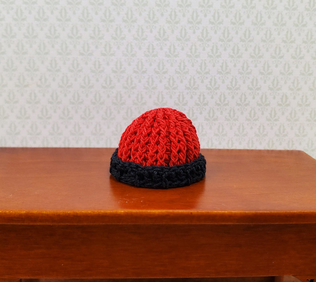 Dollhouse Crocheted Beanie Cap Hat Red and Black Wearable 1:12 Scale Miniature