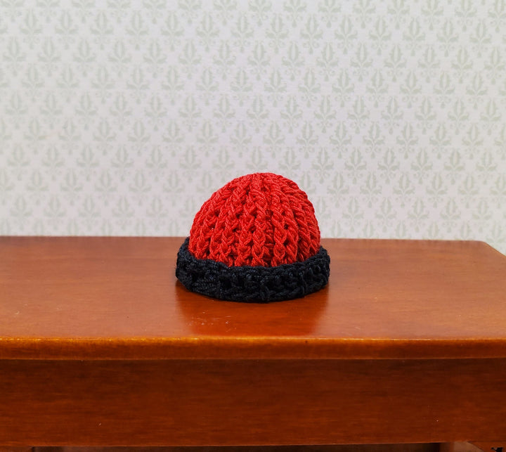 Dollhouse Crocheted Beanie Cap Hat Red and Black Wearable 1:12 Scale Miniature