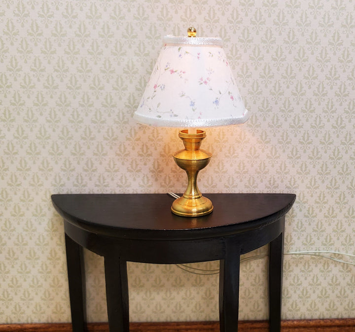 Dollhouse Table Lamp Tiny Floral Design Brass Base 12 Volt Wired 1:12 Scale