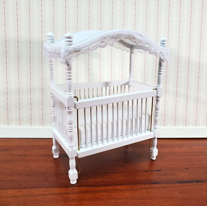 Dollhouse Canopy Crib White Large 1:12 Scale Miniature Nursery Room Furniture