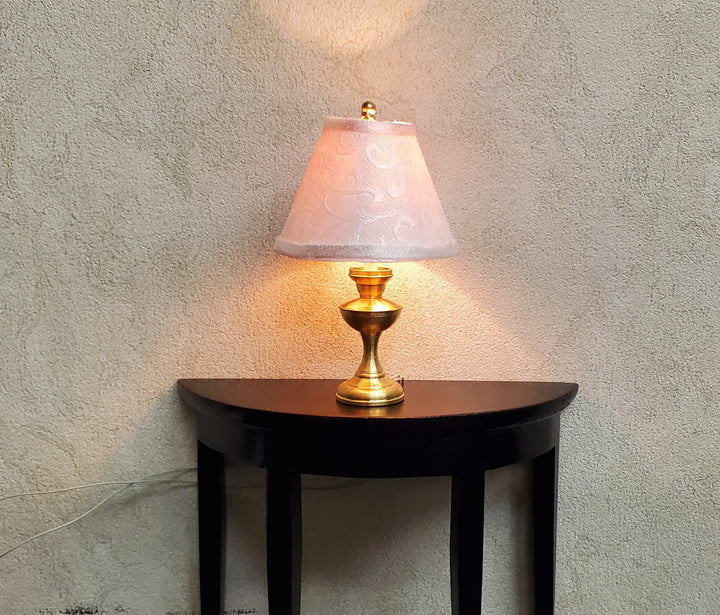 Dollhouse Table Lamp with White Embossed Shade Brass Base 12 Volt Wired 1:12 Scale