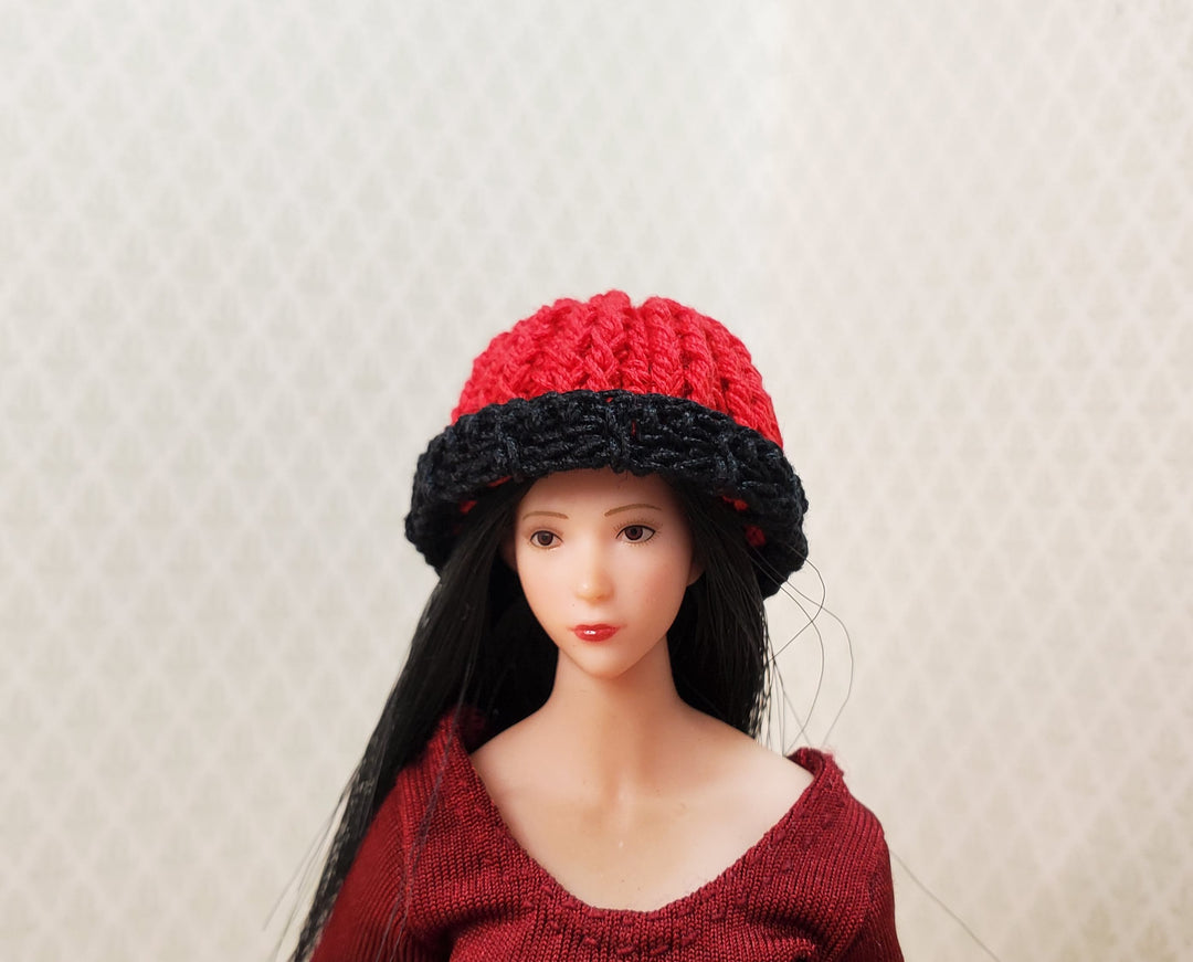Dollhouse Crocheted Beanie Cap Hat Red and Black Wearable 1:12 Scale Miniature